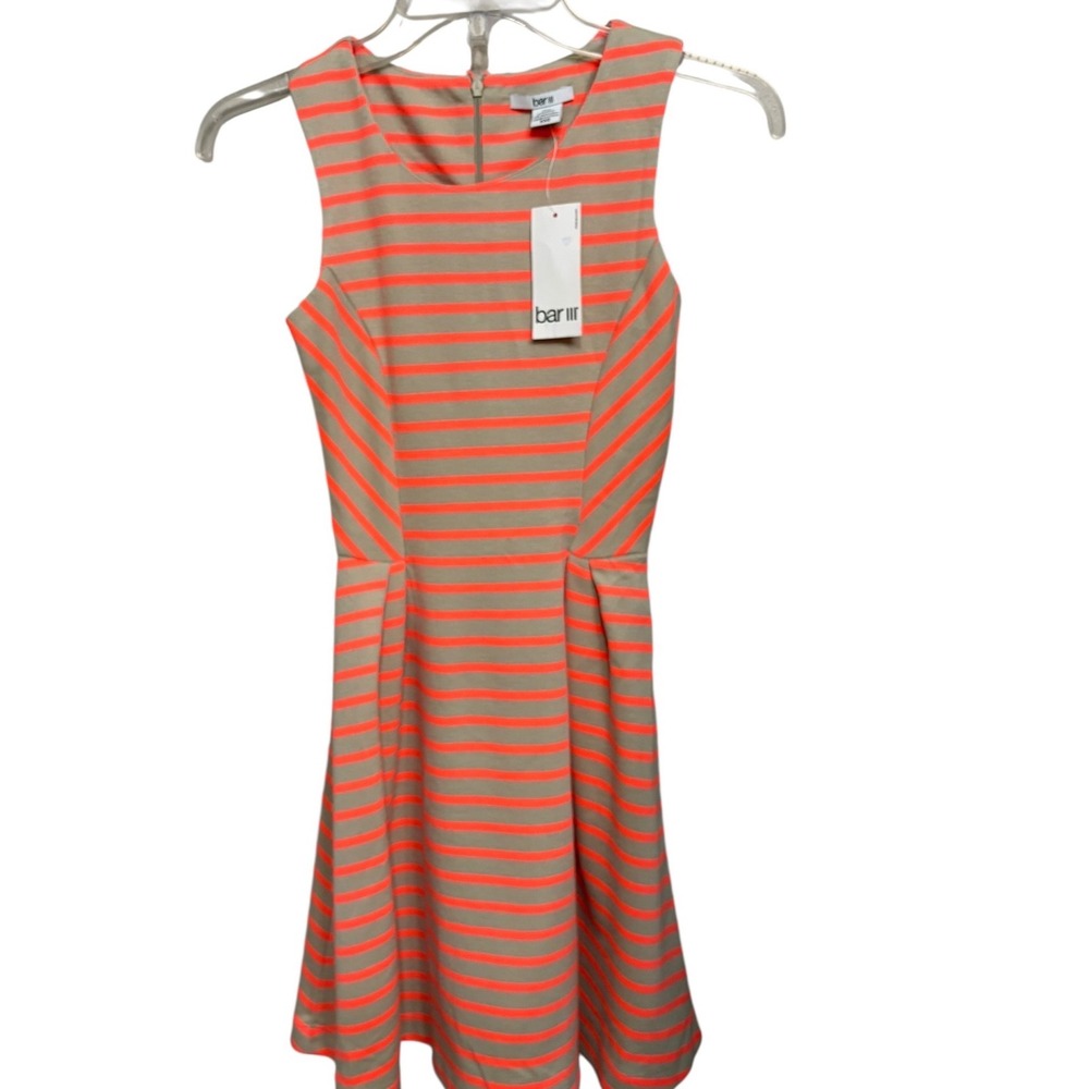 NWT Bar III Mens Neon Orange Tan Striped Fit Flare Skater Dress‎ Size XXS
